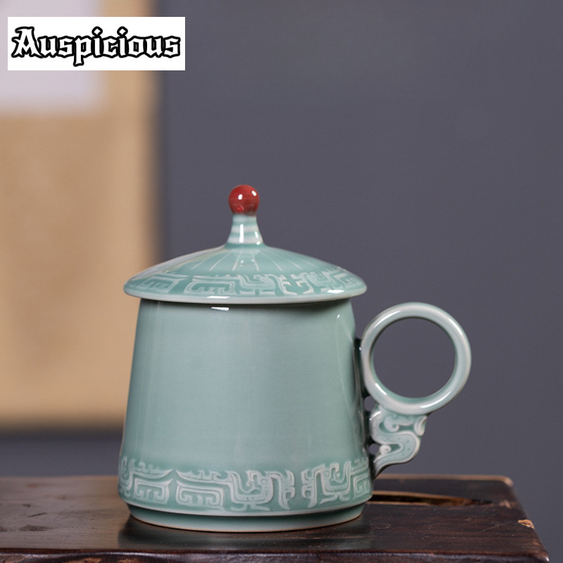 Celadon Ceramic Cup - 395ml Longquan Celadon Bronze Pattern Coffee