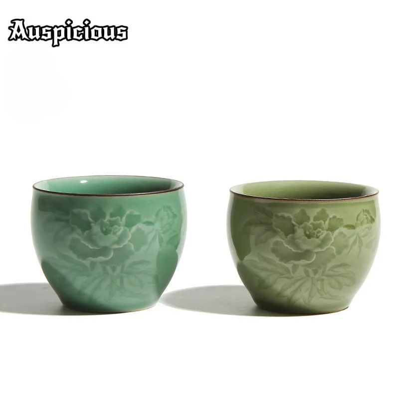 Celadon Ceramic Cup - 120ml Handmade Longquan Celadon Peony Teacup