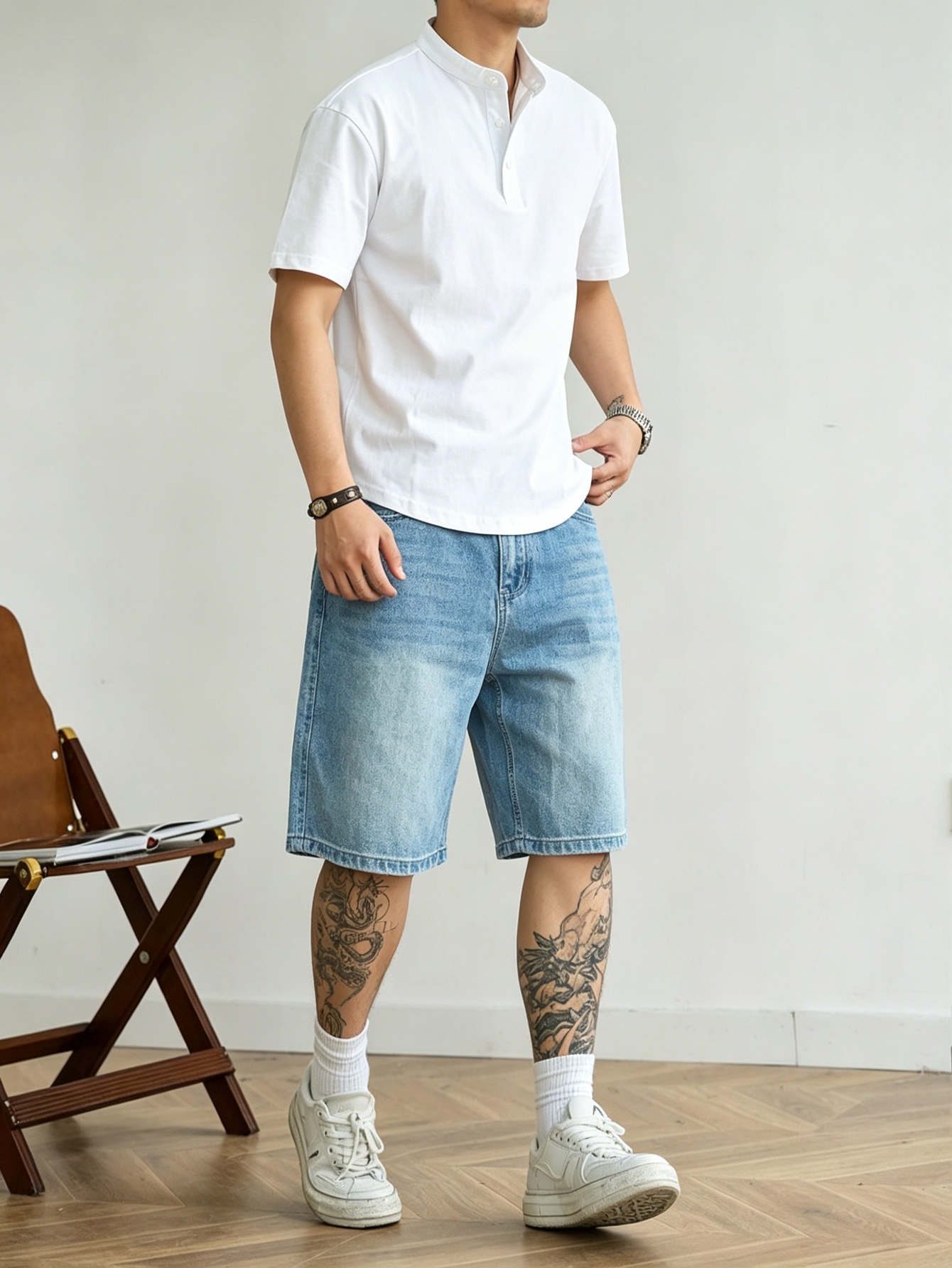 Korean Men Lifestyle - Loose cut blue non stretch denim