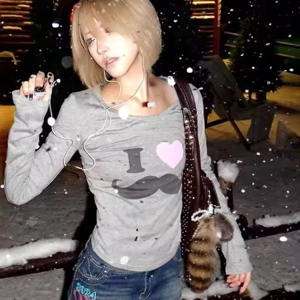 Japanese Y2K Beard Print T-Shi - Korean Lifestyle 评论和价格